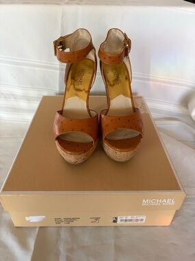 Michael Kors Cognac Leather Cork Wedge Sandals with Ankle Strap